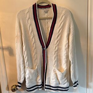 American Eagle Outfitters Cream Cable-Knit Cardigan with Navy & Red Trim